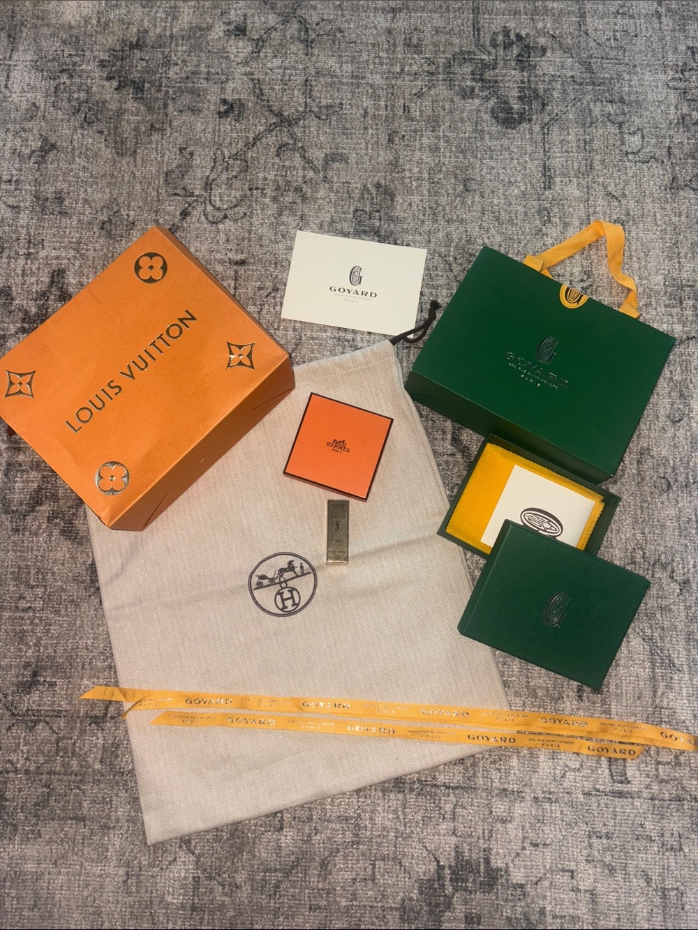 Hermes Orange Mini Box with Green Goyard & Louis Vuitton Packaging